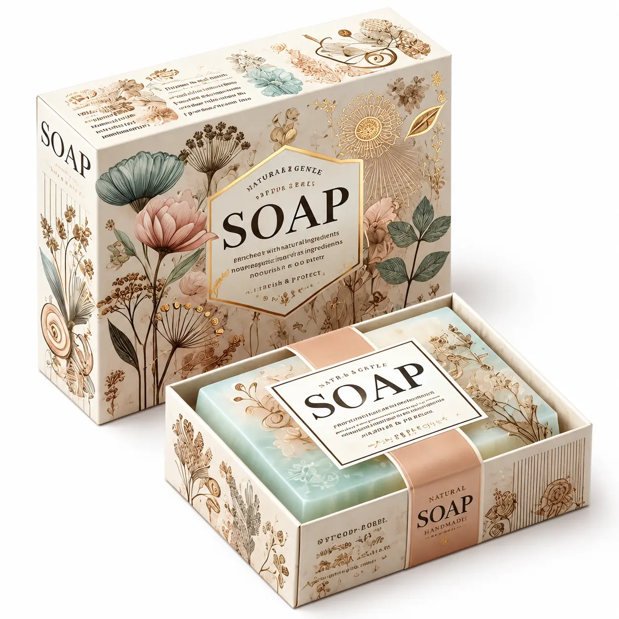 Custom holster soap boxes displaying artisan bar soaps for retail shelves.